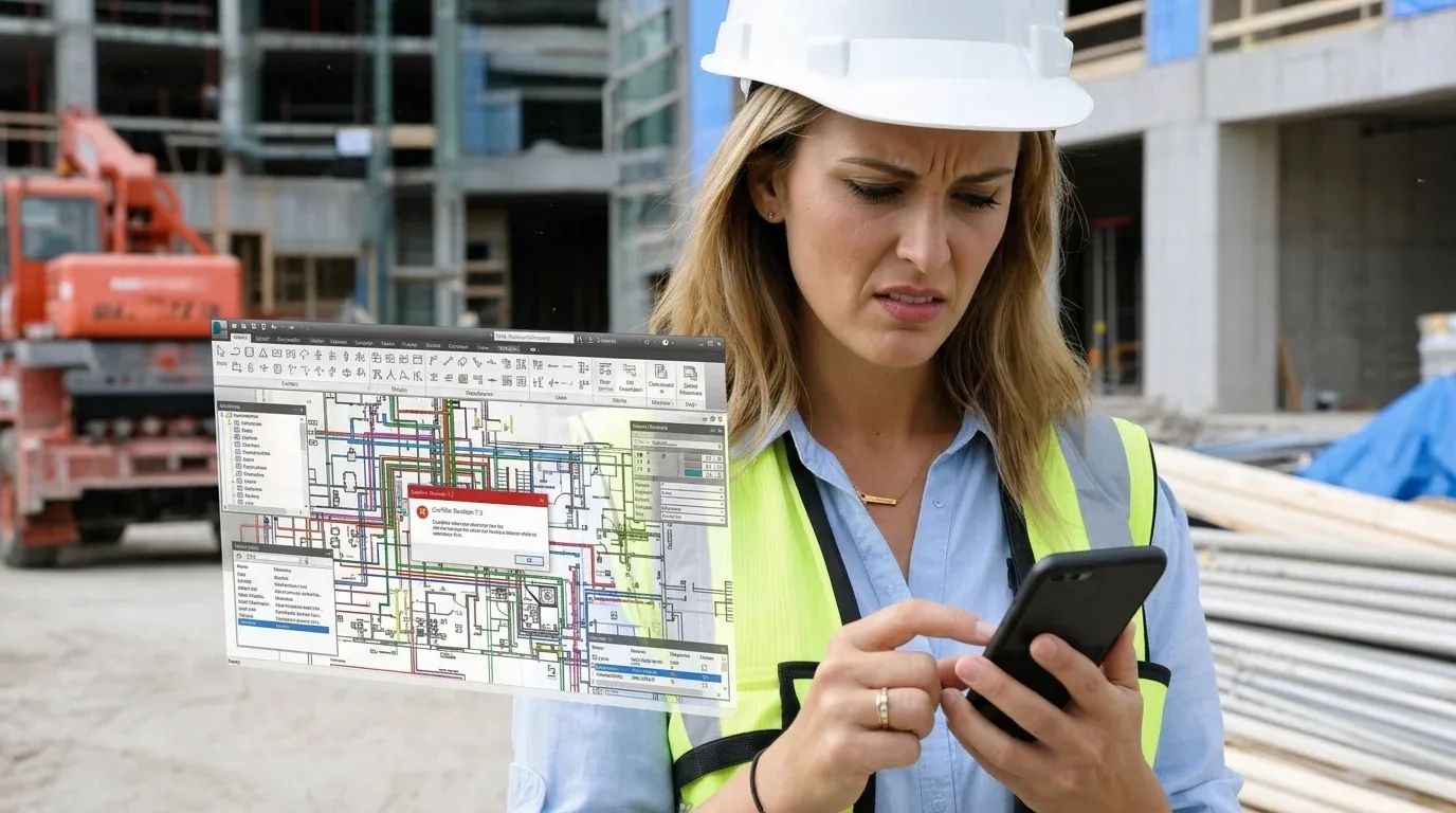 Bauleiterin auf der Baustelle am Smartphone, davor die überladene Oberfläche einer klassischen Bau-Software mit verschachtelten Menüleisten, dichten Plänen und einer Fehlermeldung