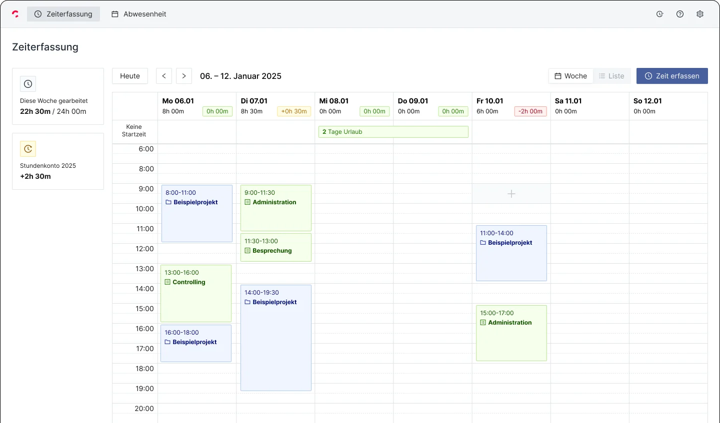 Phase0 Zeiterfassung — Wochenkalender mit Zeiteinträgen je Projekt, daneben Stundenkonto, Urlaubs- und Kranktage
